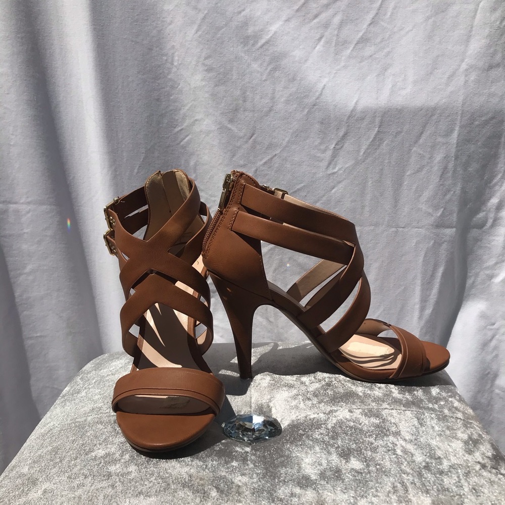 Brown open toe strappy heels